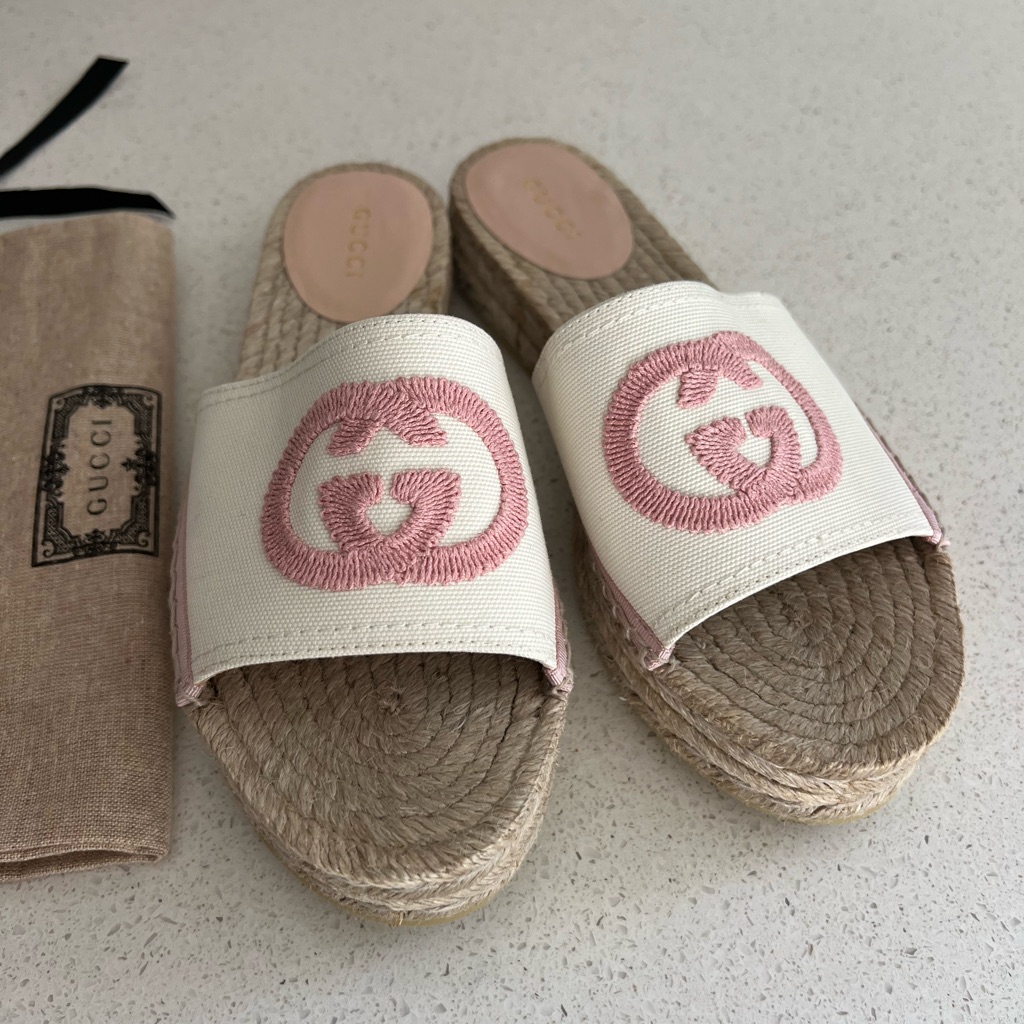 Gucci Pilar Interlocking Gg Embroidered Canvas Espadrille Slide Sandal Eu 36.5
